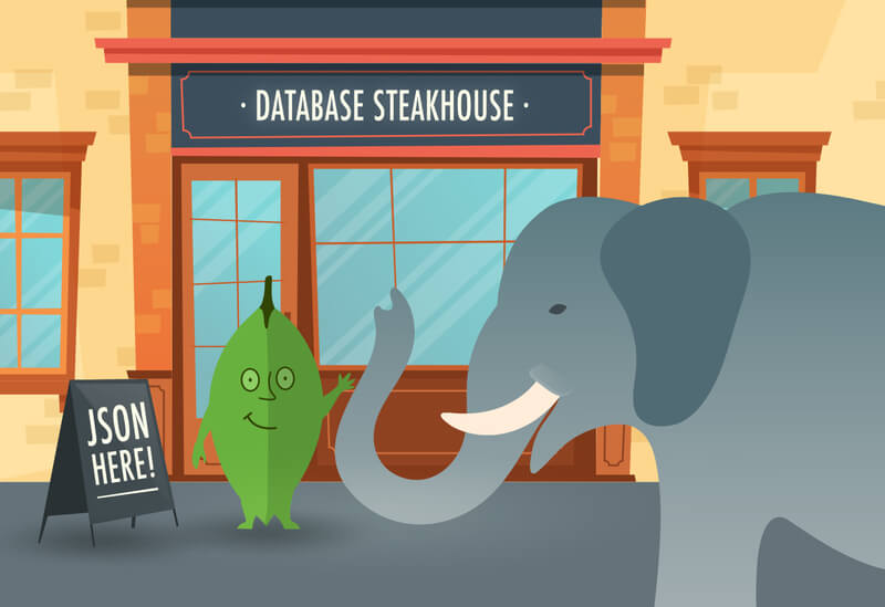 Cartoon: PostgreSQL and MongoDB entering into the Database Steakhouse, to eat some JSON